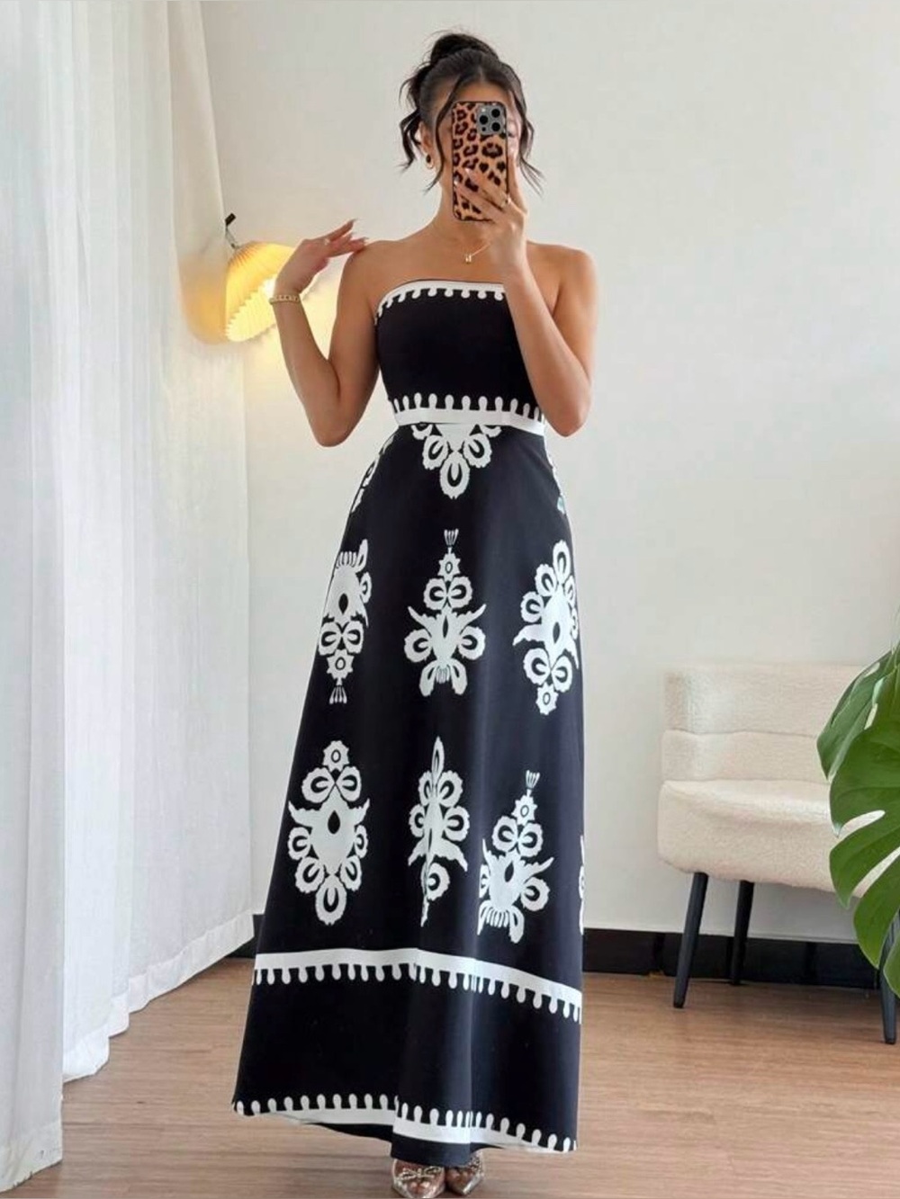 Strapless Black & White Maxi Dress with Contrast Motif